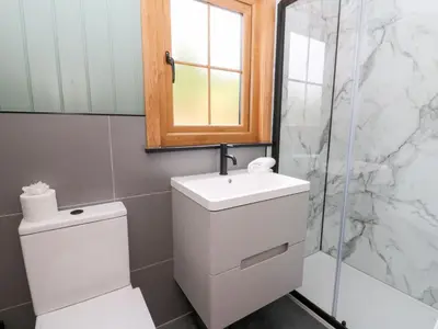 a bathroom with a toilet and a sink and a shower at Dam View Shepherds Hut in Rhayader