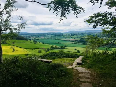 two benches on a hill with a view of a valley at The Guest House near Hay on Wye in Hereford