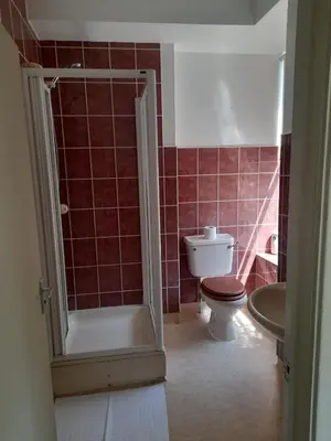 a bathroom with a shower and a toilet and a sink at Harley's in Aberystwyth