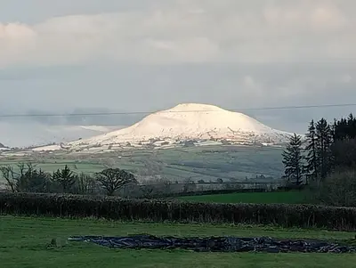 a snow covered mountain in a green field with trees at The Slow House Apartments, Llandefalle in Brecon