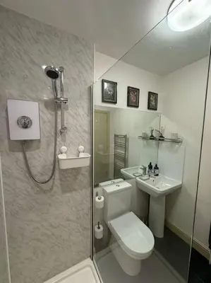 a bathroom with a shower and a toilet and a sink at The Nook Castle Street Ludlow in Ludlow