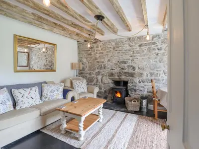 a living room with a couch and a fireplace at Ivy Cottage in Harlech