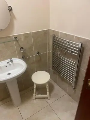 a bathroom with a sink and a stool next to a shower at Dolphin Inn in Llanymynech