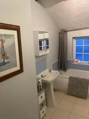 a bathroom with a sink and a toilet and a bath tub at Dolphin Inn in Llanymynech