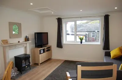 a living room with a tv and a window at No 6 at Dolgoch Falls Cottages in Bryn-crug