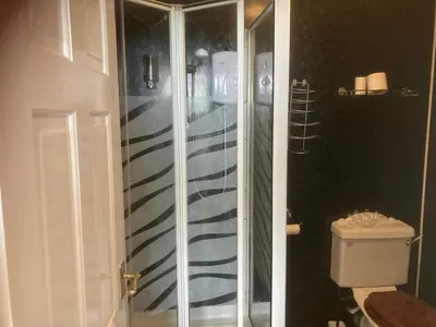 a bathroom with a shower with a toilet and a shower at The Cambrian in New Quay