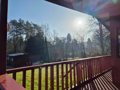a view from the balcony of a house with a view of the forest at Number 8 Lodge Caer Beris in Maesmynis