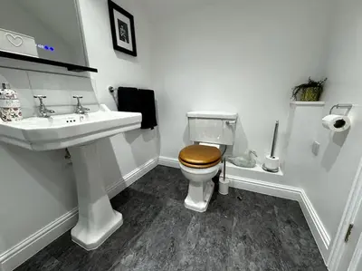 a white bathroom with a toilet and a sink at Penny Red apartment in Kington in Kington