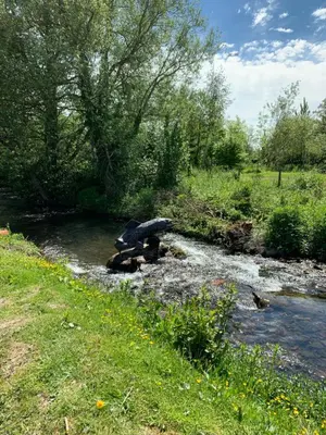 a stream of water with rocks in a field at Weston glamping pod in Oswestry