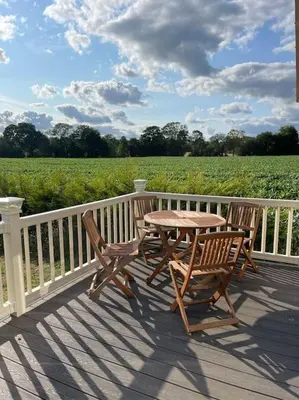 a table and two chairs on a deck with a field at Weston pools lodge in Oswestry