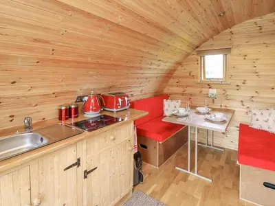 a kitchen with a stove and a sink in a log cabin at Oak View in Llangadog