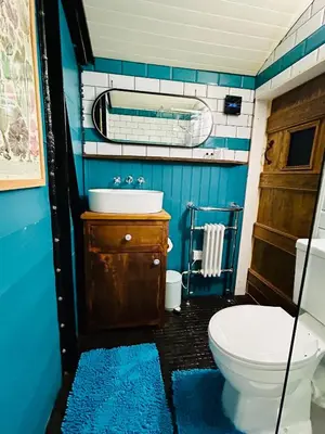 a bathroom with a toilet and a sink and a mirror at The Railway Carriage - Blue in Glasbury