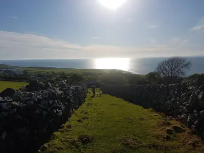 a person walking a dog near a stone wall at Cabin Cynthia in Llwyngwril