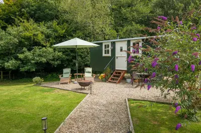 a garden with a shed with a table and an umbrella at Collen in Llanarth