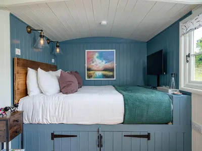 a bedroom with a large bed with blue walls at Bedwen in Llanarth