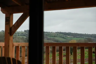 a view from the window of a cabin at The Bulls Head Wild Cabins in Hereford