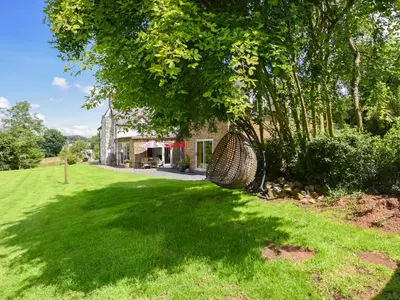 a basket hanging from a tree in a yard at The Lodge At Harvest Farm in Ludlow