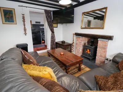 a living room with a couch and a fireplace at Aelybryn in Oswestry