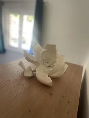 a white flower sitting on top of a wooden table at Grade 2 Cottage 1 bedroom, Ludlow centre in Ludlow