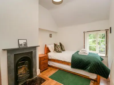 a bedroom with a fireplace and a bed and a window at Teacher's Cottage in Presteigne