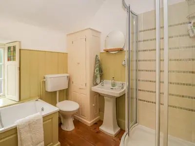 a bathroom with a toilet and a sink and a shower at Teacher's Cottage in Presteigne
