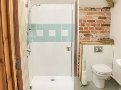 a bathroom with a shower and a toilet at Orchard Cottage in Newtown