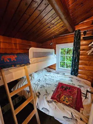 a bedroom with a bunk bed in a cabin at Bryn Cnocell in Trawsfynydd