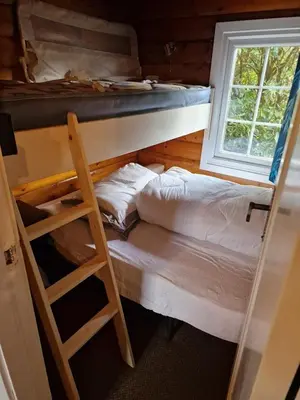 a bedroom with a bunk bed and a ladder at Bryn Cnocell in Trawsfynydd