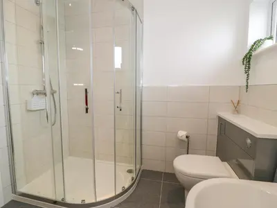 a bathroom with a shower and a toilet and a sink at Melin Y Plas in Barmouth