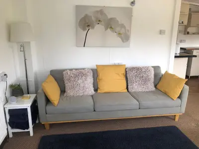 a living room with a gray couch with yellow pillows at 5f Stanley Lodge, Caer Beris, Builth Wells - No tradesman in Builth Wells