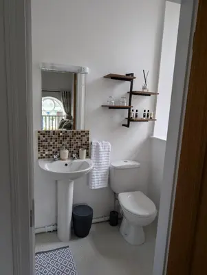 a bathroom with a toilet and a sink and a mirror at 2 Chapel Nazareth in Penrhyndeudreath