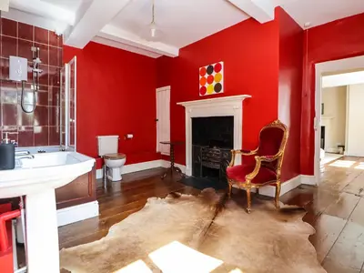a red bathroom with a sink and a fireplace at New Hall in Wrexham