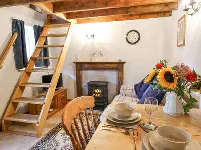 a dining room with a table and a fireplace at Ty Bach Twt in Llandysul