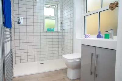 a white bathroom with a toilet and a sink at Trem y Don New Quay in New Quay