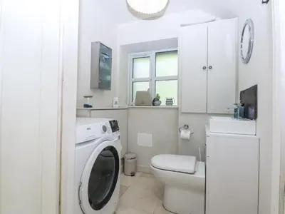 a white bathroom with a washing machine and a toilet at Islwyn in Bala