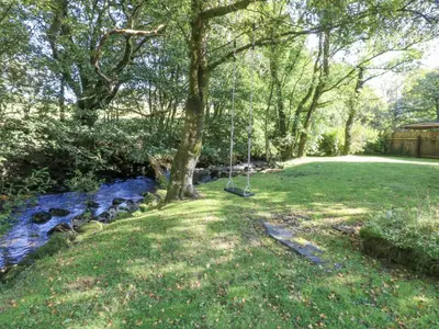 a swing hanging from a tree next to a river at Islwyn in Bala