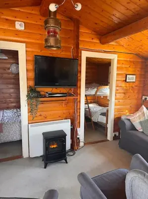 a living room with a fireplace and a television in a cabin at Gwel-y-Cwm - Valley View in Trawsfynydd