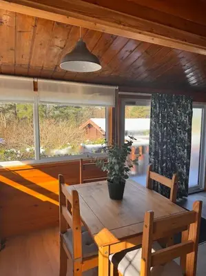 a wooden table with two chairs and a potted plant at Gwel-y-Cwm - Valley View in Trawsfynydd