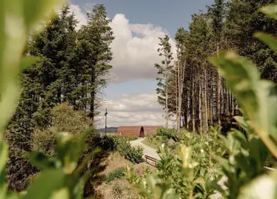 a path with trees and a building in the distance at Aberystwyth by Wigwam Holidays in Aberystwyth