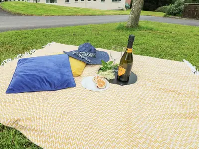 a picnic table with a bottle of wine and a hat at Trem-Yr-Afon in Lampeter