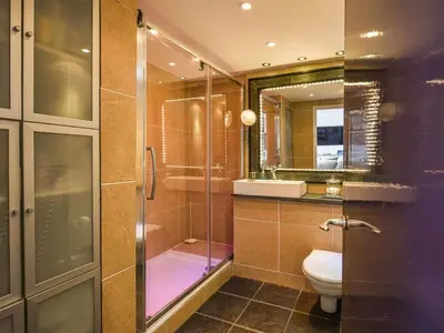 a bathroom with a toilet and a glass shower at The Glass House in Aberdyfi
