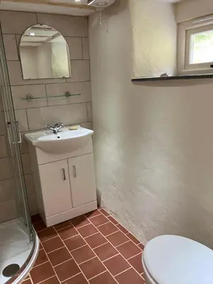 a bathroom with a sink and a toilet and a mirror at Studio in medieval Welsh farmhouse in Aber Cowarch