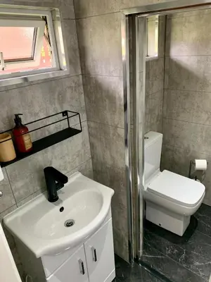 a bathroom with a sink and a toilet at Caban Marjie in Trawsfynydd