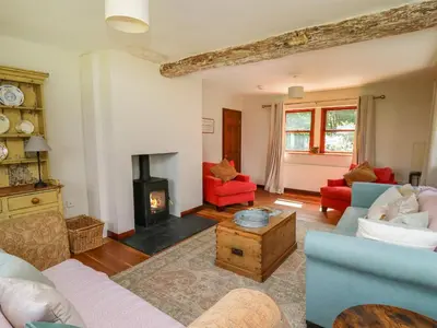 a living room filled with furniture and a fireplace at Oak Apple Cottage in Presteigne
