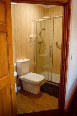 a bathroom with a toilet and a glass shower at Aberystwyth Enlli Cottage in Llanilar