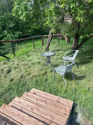 a picnic table and a table and a chair in a yard at Damson Lodge in Hereford