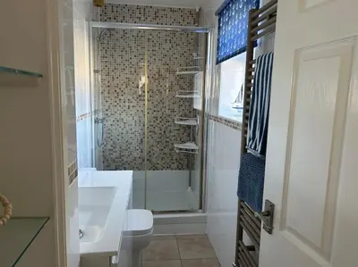 a bathroom with a shower and a toilet and a sink at Snowdonia coastal getaway ideal for groups up to 6 in Llwyngwril