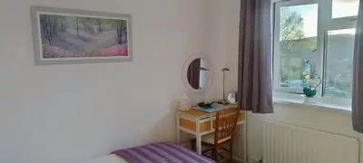 a bedroom with a bed and a mirror and a window at Ludlow Mews Town House with Free parking in Ludlow
