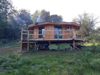 a tree house with smoke coming out of it at Magical Offgrid Roundhouse in Eryri in Machynlleth