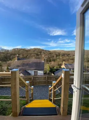 a view from the balcony of a house at Castle View chalet in Llangollen